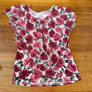 Red and Green Floral Blouse with Rounded Neckline